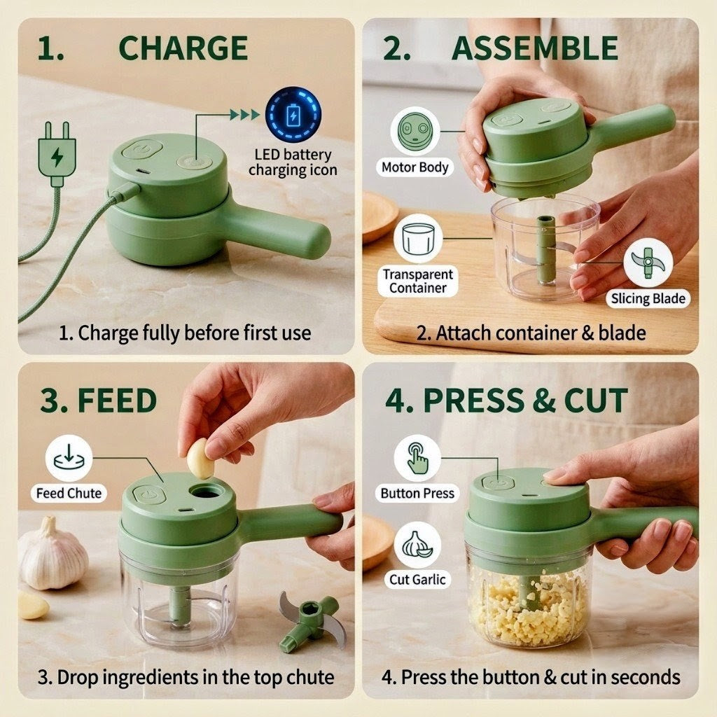 4-in-1 Electric Vegetable Cutter, Slicer, Grater, Chopper